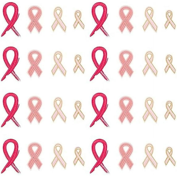 32pcs Breast Cancer Awareness Pink Ribbon 4 Styles Iron on Sew on Ribbon Patches Embroidered Breast Cancer Ribbon Applique Patches for Sewing Clothes Dress Hat Jeans DIY Accessories