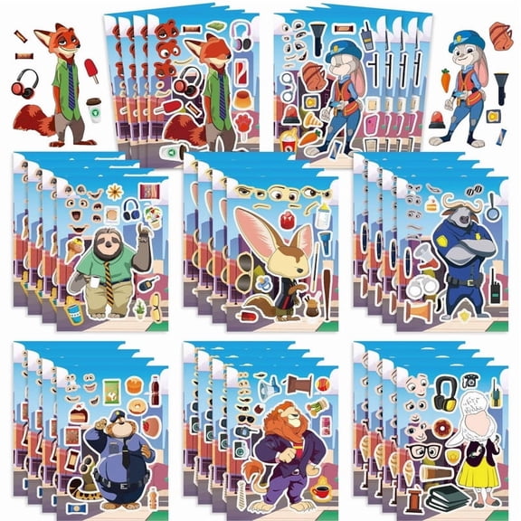 32pcs Cartoon Face Stickers Zootopia 8 Unique Cartoon Sticker Set, Cute and Fun Cartoon Character Face Collage Stickers, Birthday Theme Party Gift