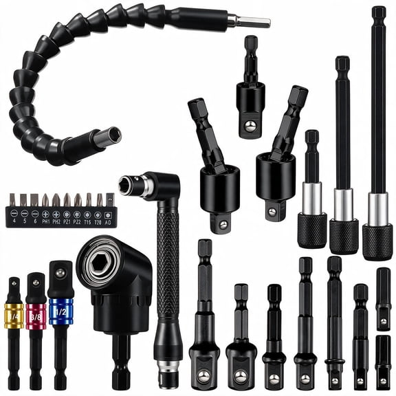 MQ 30pcs Flexible Drill Bit Extension Set, 1/4 3/8 1/2 inch Rotatable Hex Socket Adapter, 105° Right Angle Drill Attachment, Bendable Screwdriver Kit
