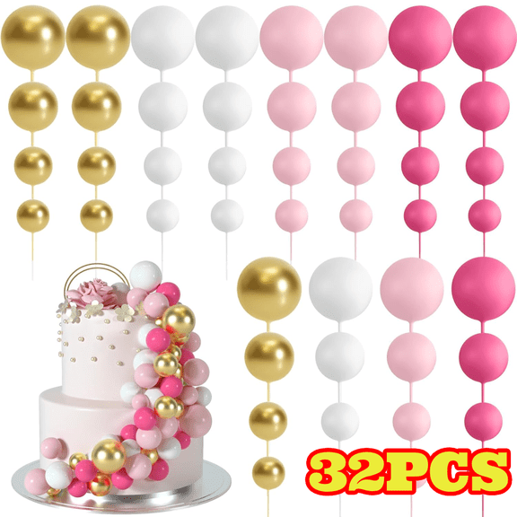 32pcs Foam Ball Cake Decorations, Pink and White Balloons Cake Topper Sticks for Wedding Party Birthday Decorations