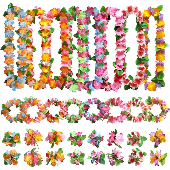 32pcs Hawaiian Leis Party Decorations, Necklace Flowers Bracelets Headband, Tropical Hawaiian Party Night Bar Vacation