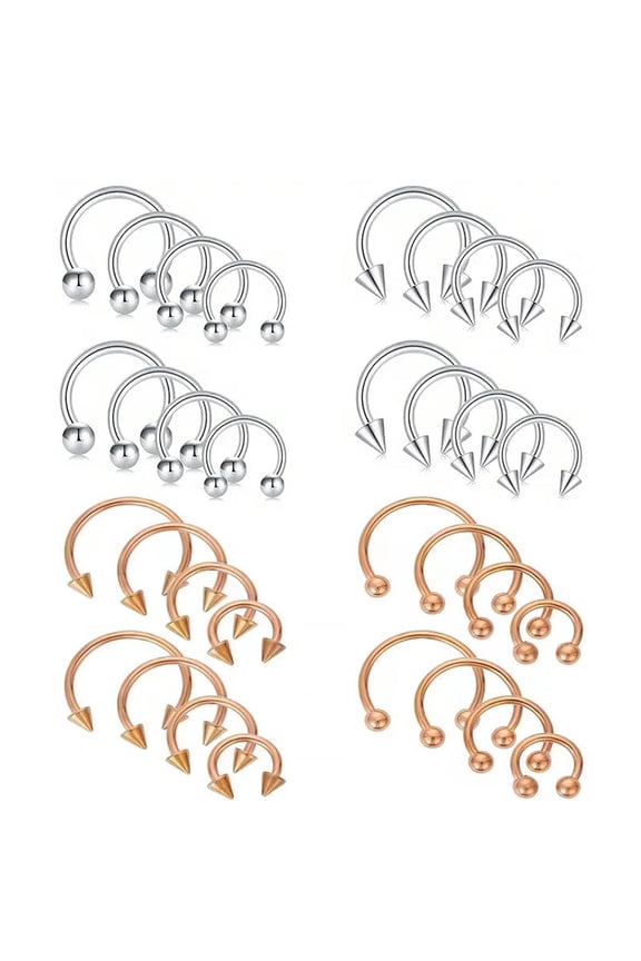 32pcs Horseshoe Nose Septum Rings Stainless Steel Piercing Jewelry Cartilage Helix Tragus Earring Hoop Lip Horseshoe Piercing Retainer For Women Men 6mm 8mm 10mm 12mm, Rose Gold/Silver
