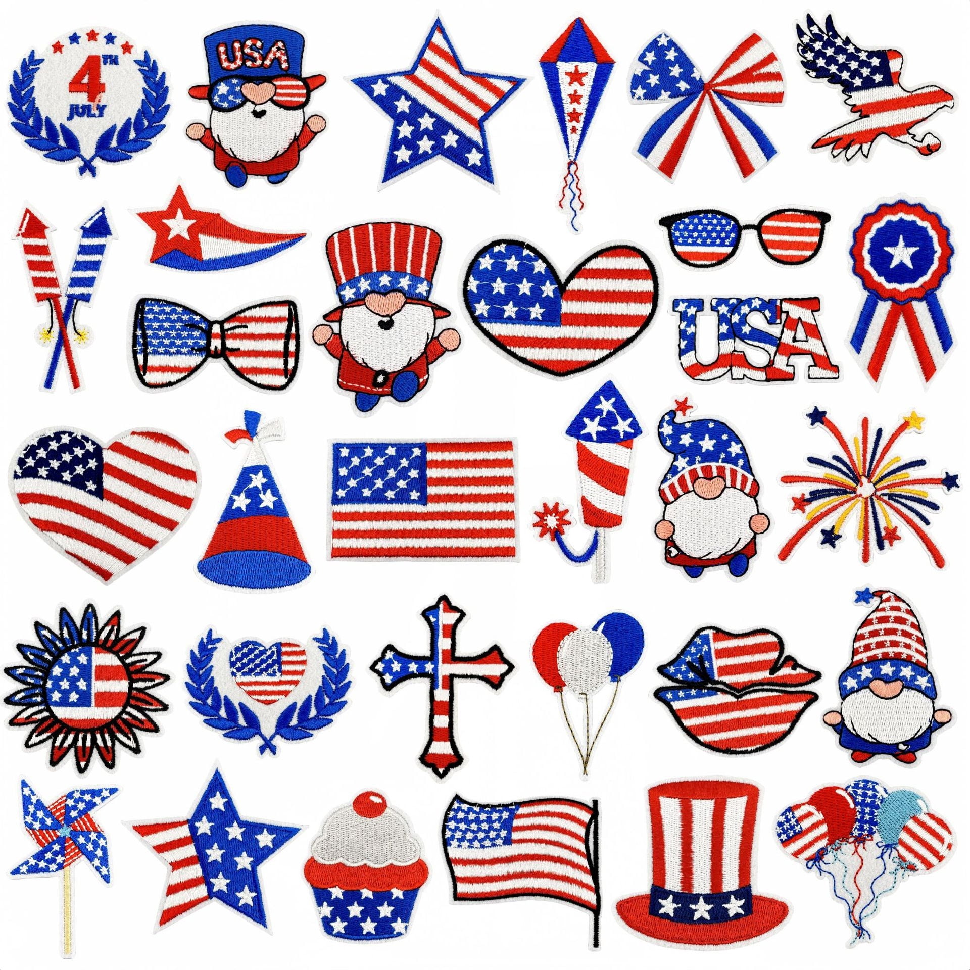 32pcs Independence Day 4th of July Patch: Embroidered USA Flag Badge - Iron On/Sew On Patriotic Applique, Clothing Decor