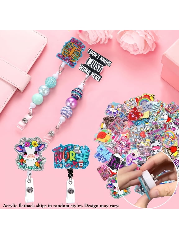 32pcs Mix Acrylic Flatback&Beadable Badge Reels Kits-DIY Retractable Keychain DIY Beaded Gift for Friends, Offices as Gifts