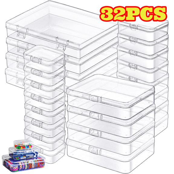 32pcs Plastic Storage Containers with Lids, Clear Rectangular Storage Boxes, Mixed Sizes, for Jewelry, Crafts, Candy, Sewing Tools
