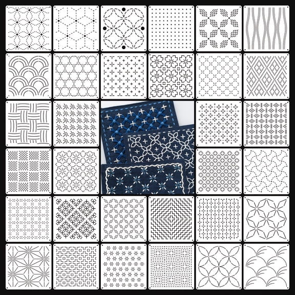32pcs Sashiko Stencils, 5.12 Inch Reusable Geometric Embroidery Patterns for Fabric Canvas Home Decoration