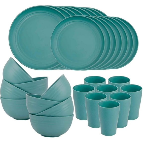 32pcs Wheat Straw Dinnerware Sets, Plates and Bowls Sets,Reusable Plastic Plates,Grey Dish Set for 8 include 16pcs Dishes, 8pcs Bowls, 8pcs Cups,Dishwasher Safe.
