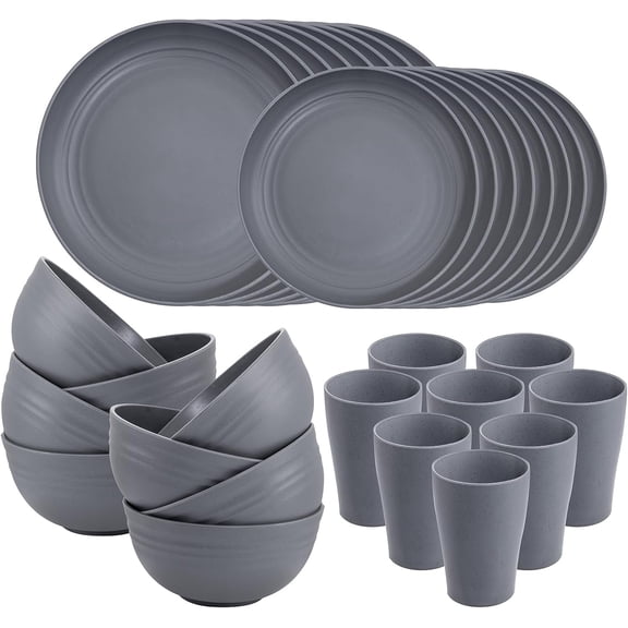 32pcs Wheat Straw Dinnerware Sets,Unbreakable Dinnerware Sets for 8,Reusable Tableware,Dishes Set for 8,Plates and Bowls Set Dark Grey Include16pcs Plates, 8pcs Bowls, 8pcs Cups