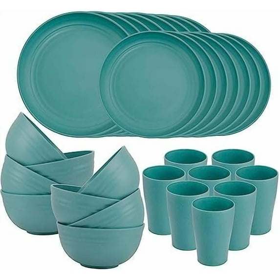 32pcs Wheat Straw Dinnerware Sets, White Dishes for 8, Plates and Bowls Sets, Reusable Plastic Plates, Microwave Dishwasher Safe, White Plastic Dinnerware Set