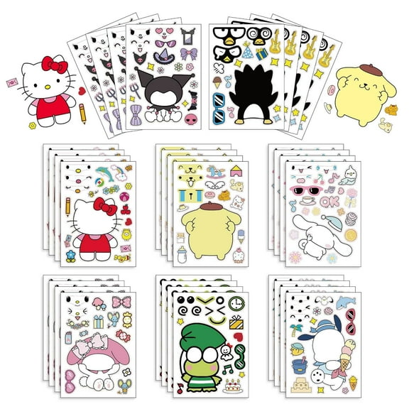 32pcs sanrio Stickers DIY Kids Stickers with Changeable Faces Mixed & Matched with 8 Designed Characters Stickers for Party Decoration, Reward, Decor, Gift Idea