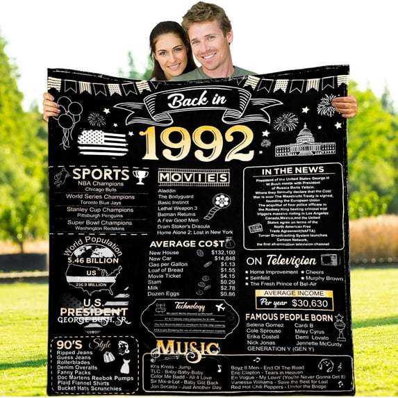 32th Birthday Blanket Gift for Women or Men,32 Years Old 1992 Anniversary Weeding Gift for Wife Husband Mom Dad, Back in 1992 Flannel Fleece Soft Throw Blanket