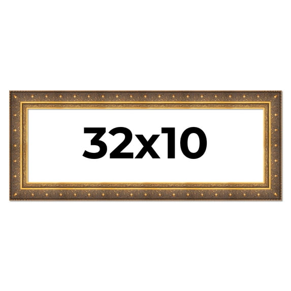 32x10 Frame Vintage Gold Solid Wood Picture Frame | 2.5 Inch Moulding Width | Ornate Bronze Museo