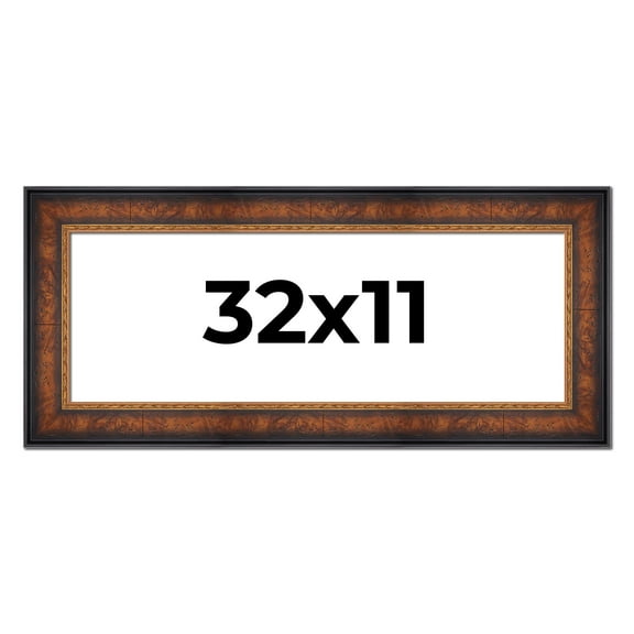 32x11 Frame Brown Walnut Gold Ornate Trim Solid Wood Plein Air Picture Frame | 3 Inch Moulding