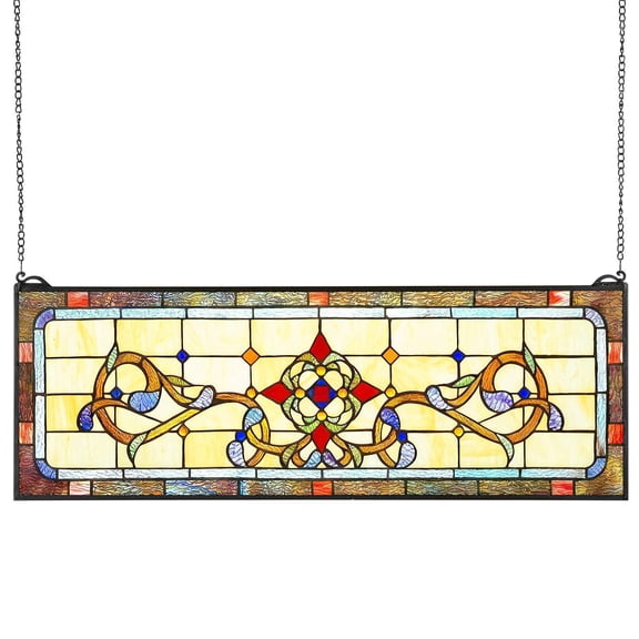 32x11 Inch Tiffany Style Stained Glass Window Panel with Chain Horizontal Rectangle Vintage Handcrafted Kitchen Home Decor