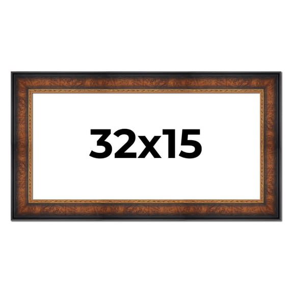 32x15 Frame Brown Walnut Gold Ornate Trim Solid Wood Plein Air Picture Frame | 3 Inch Moulding