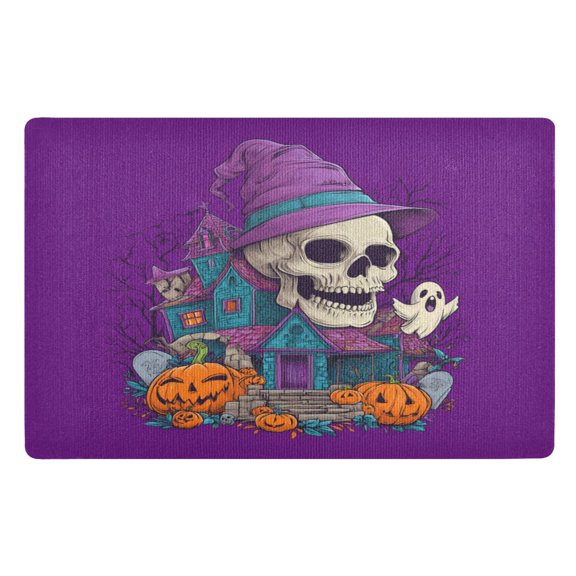 32x20 Inch Doormat Indoor Entrance Mat Entrance Welcome Mat Outdoor Mats for Front Door Smiling Skull Wearing Witch Hat