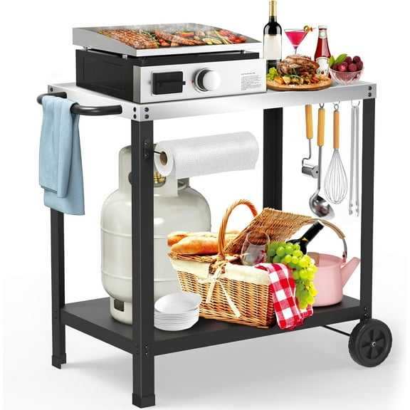 32x20IN Double-Shelve Grill Table, Stainless Steel Outdoor Grill Cart for Blackstone Griddle, Movable Pizza Oven Table for Outside Patio, Kitchen Cooking Food Prep Table for Party