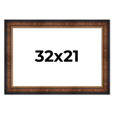 32x21 Frame Brown Walnut Gold Ornate Trim Solid Wood Plein Air Picture Frame | 3 Inch Moulding
