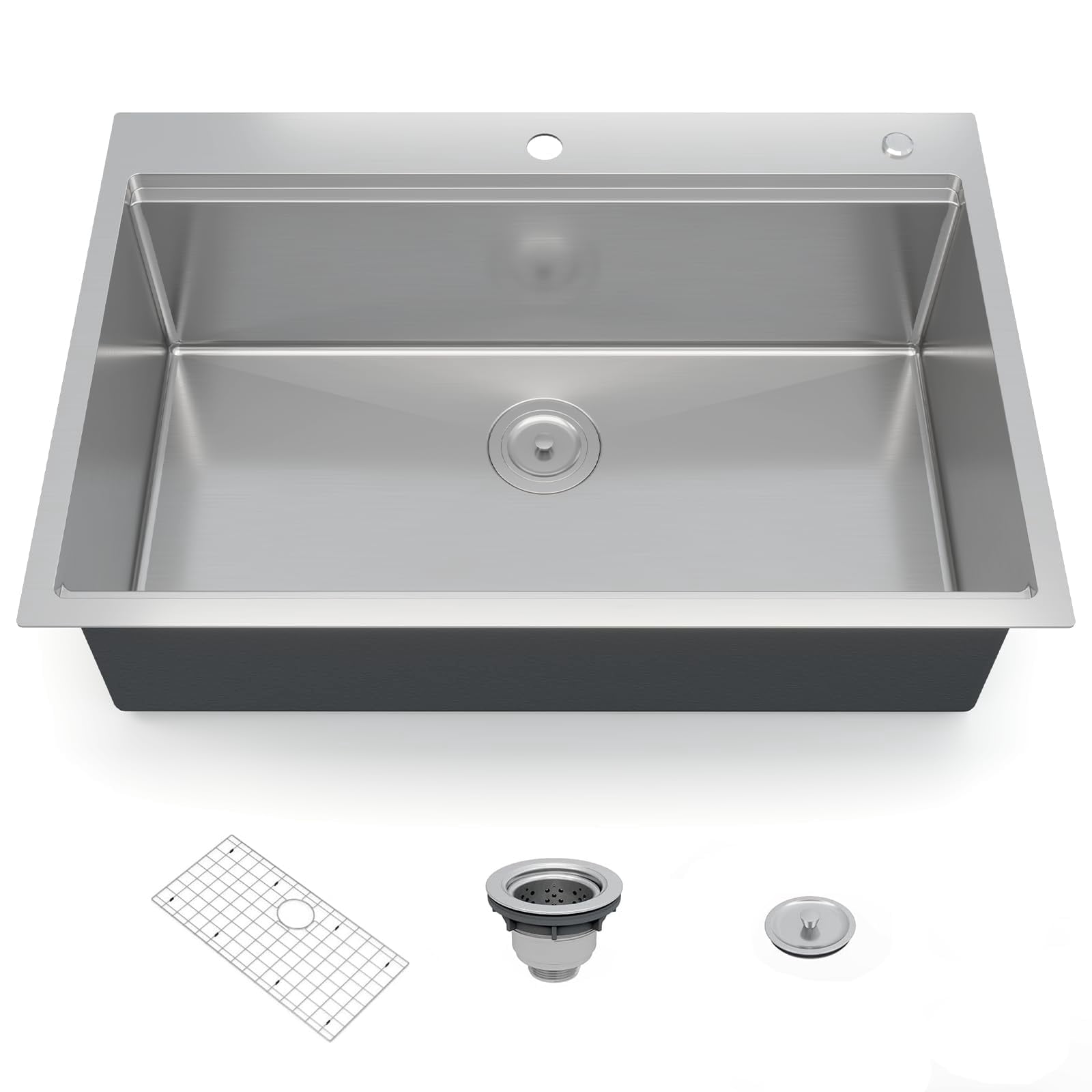 32x22 Inch Drop-in Kitchen Sink, Single Bowl with Drainboard Design, 16 Gauge 304 Stainless Steel Construction, 10 Inch Deep, Includes Bottom Grid and Drain Assembly