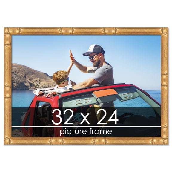 32x24 Gold Thin Bamboo Picture Frame - UV Acrylic, Foam Board Backing, Hanging Hardware