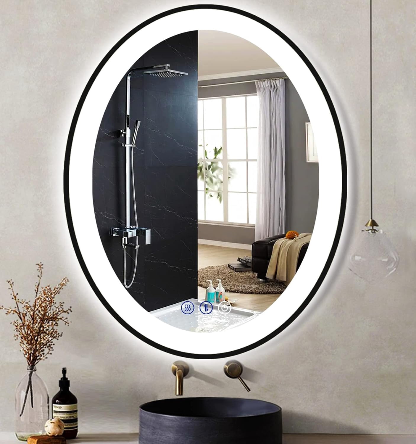 32x24 Inch Oval Black Frame Vanity LED Mirror with 3 Color Lights for ...