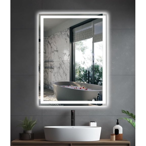 32x24 inches LED Bathroom Mirror Anti Fog Adjustable Brightness Backlit Front Lit Lighting Wall Mounted Mirror with Lights Memory Function Shatter Proof Tempered Glass
