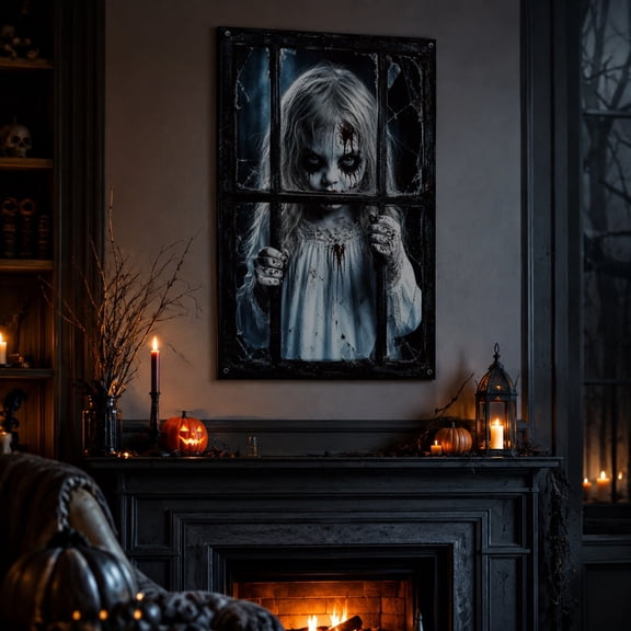 32x47In Scary Ghost Girl Halloween Window Poster, Creepy Haunted Little Girl Window Mural Decal, Spooky Halloween Wall & Window Decor for Haunted House Party