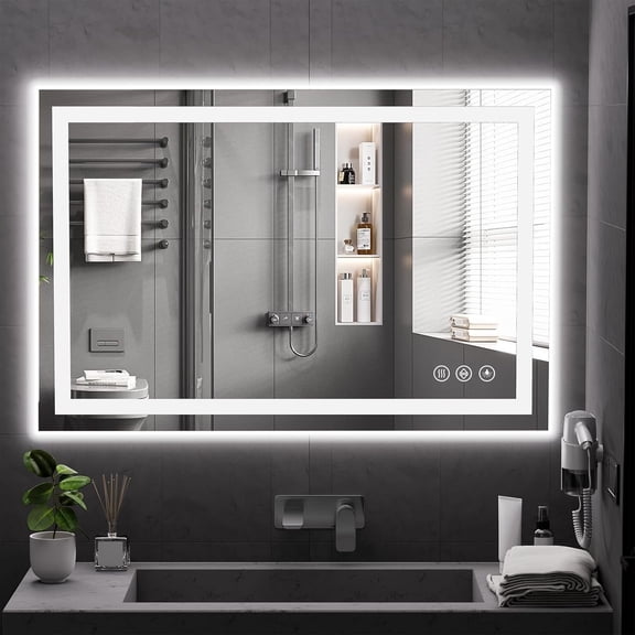 32x48 LED Bathroom Mirror, Backlit + Front Lit, LED Bathroom Mirror with Lights for Wall, 3 Colors, Anti-Fog, Dimmable Brightness, Memory Function, Tempered Glass