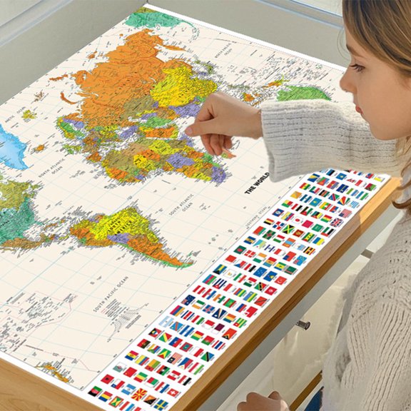32x50 Inch World Map with Flags & Major Cities - Premium Canvas for Boardrooms & Geography Classrooms