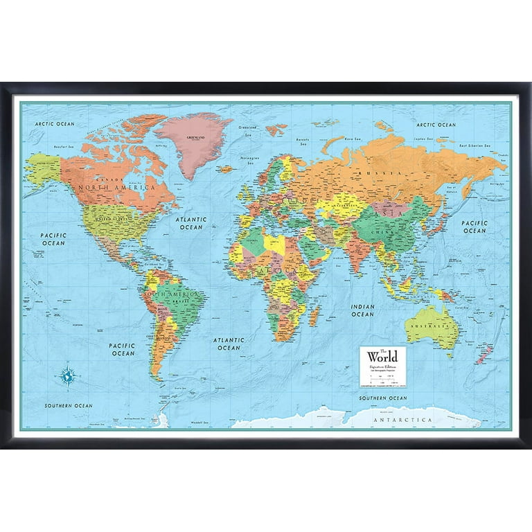 Framed World Map with Pins – Minimalist Color Palette (Select Map Color: Black, Select Map Size: 32 x 24 Inches)