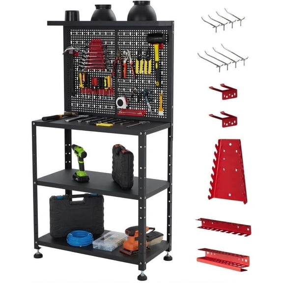 32x60 In Heavy Duty Steel Workbench 430 lb Capacity Garage Workbench with Pegboard Adjustable Shelves and Leveling Feet