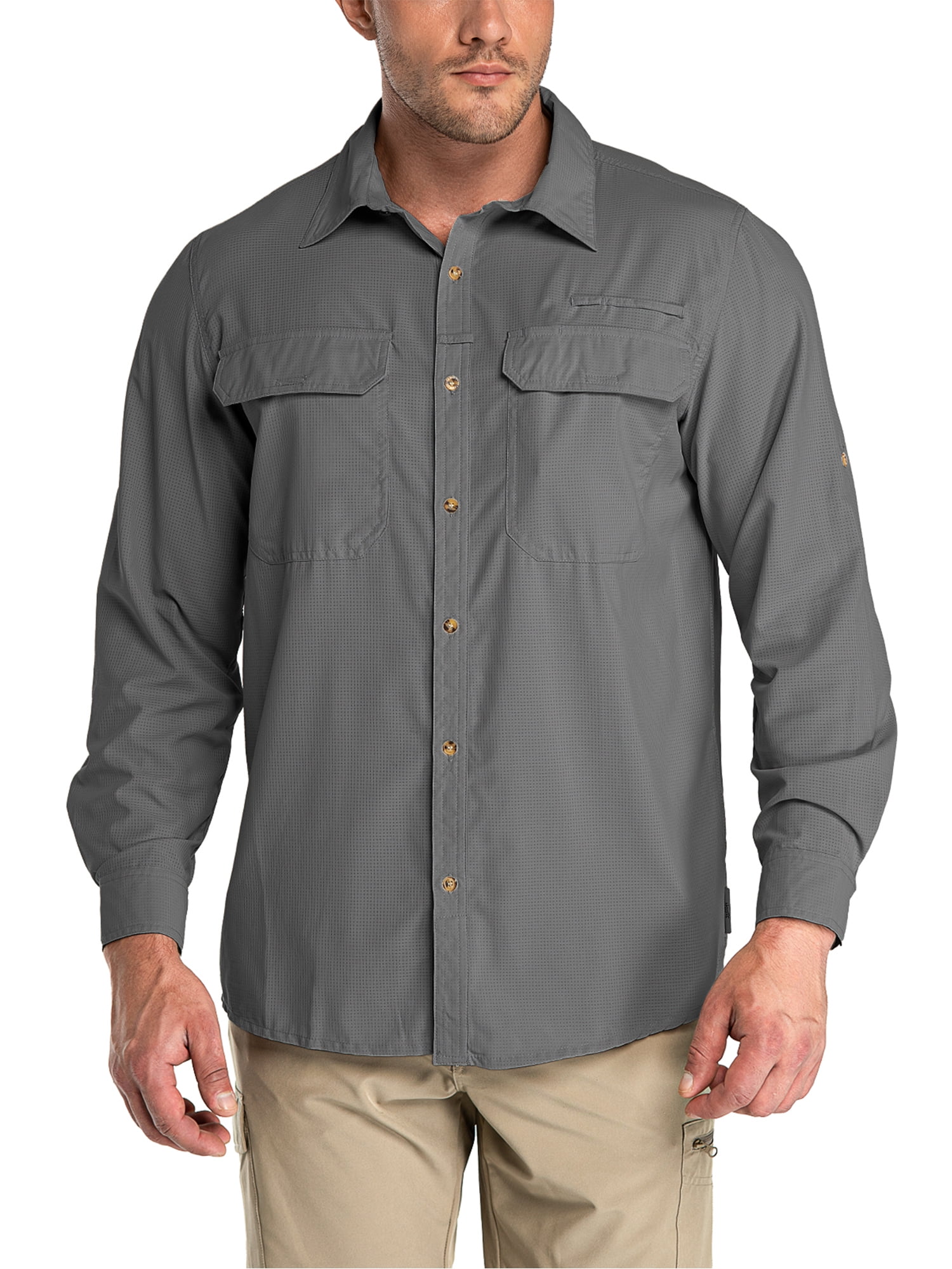 33,000ft Men's Long Sleeve Sun Protection Shirt UPF 51+ UV Quick Dry  Cooling Fishing Shirts for Travel Camping Hiking Khaki Medium 