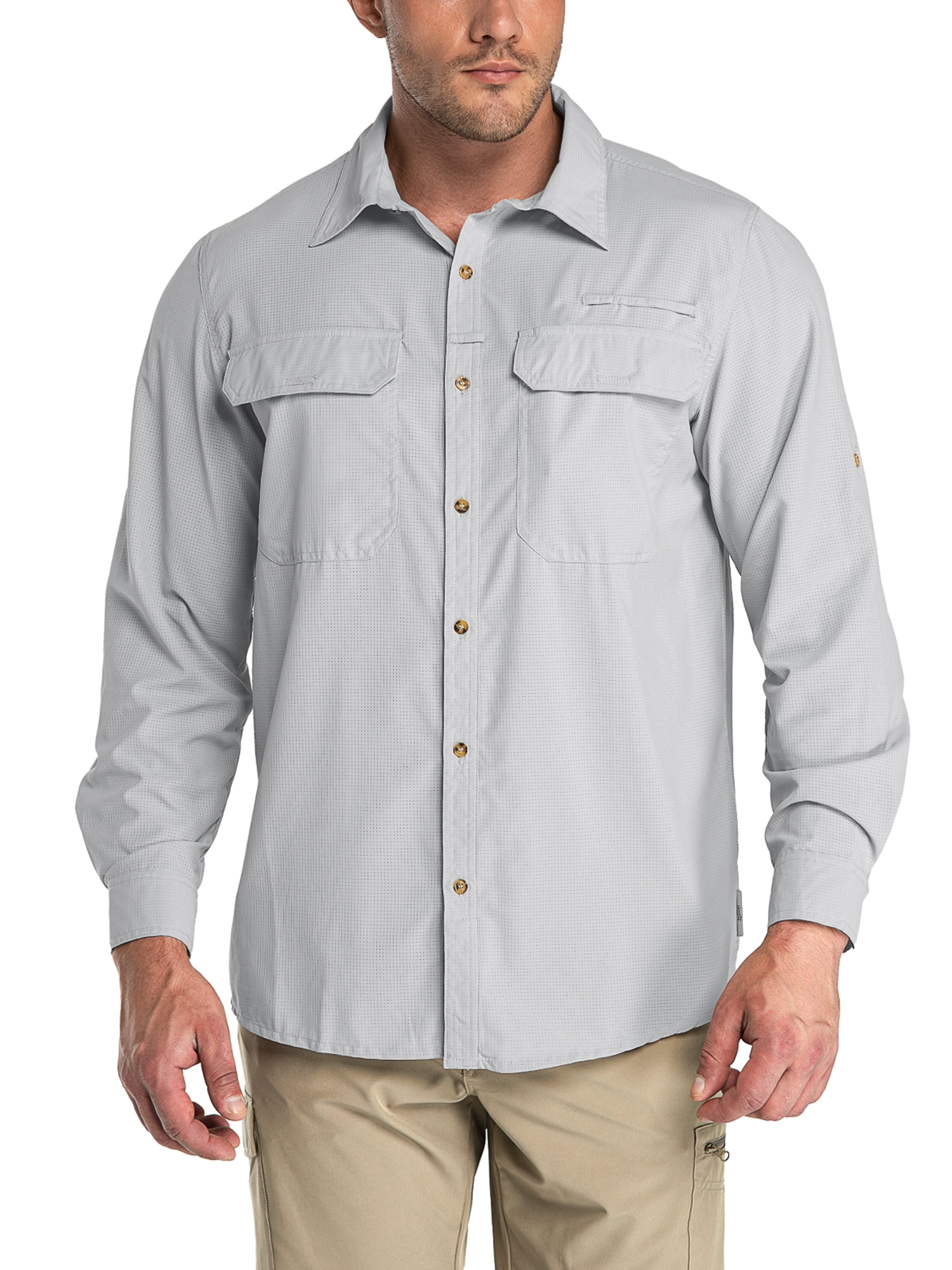 33,000ft Men's Long Sleeve Sun Protection Shirt UPF 52+ UV Quick Dry  Cooling Fishing Shirts for Travel Camping Hiking Khaki Large 