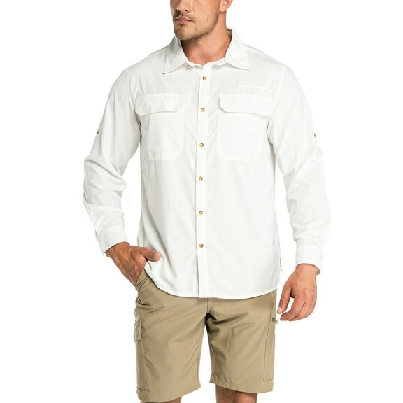 33,000ft Men's Long Sleeve Sun Protection Shirt UPF 50  UV Quick Dry Cooling Fishing Shirts for Travel Camping Hiking White Large