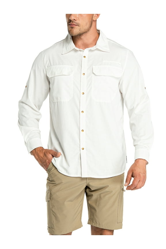 Men's Long Sleeve Sun Protection Shirt UPF 50+ UV Quick Dry Cooling Fishing Shirts for Travel Camping Hiking White Large