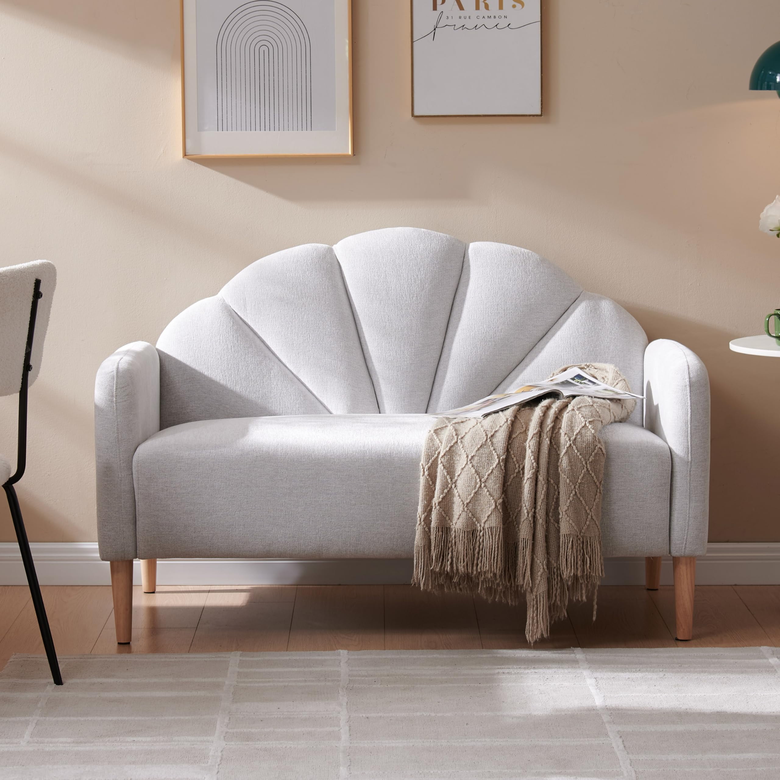 33.07" H Modern Loveseat Sofa Linen Fabric Upholstered with Curved Back and Wood Legs, 2 Seater Sofa Couch for Living Room, Bedroom, or Small Space, Easy Assembly, Off White