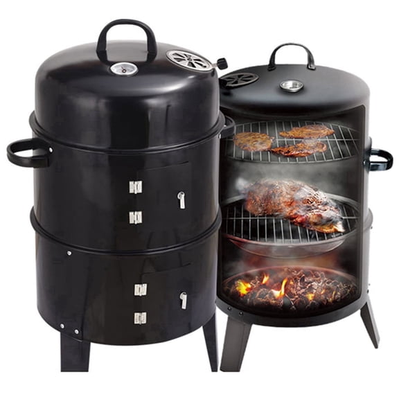 AuraLane 33.07" Vertical Steel Charcoal Grill,3-in-1 Double Layer Bbq Smoker for Parties,Camping,Backyard,Outdoor Cooking,Black