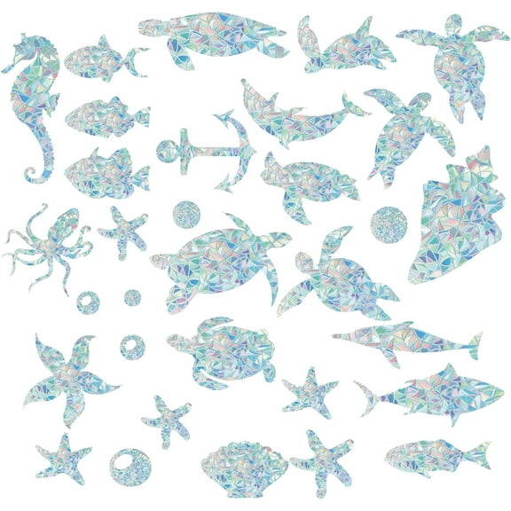 33.07x13.78 Inch 32Pcs Sea Animals Series Rainbow Window Clings Turtle Static Glass Sticker Non Adhesive Vinyl Film Home Decoration Decals for Sliding Doors Windows Prevent Birds Strikes diy