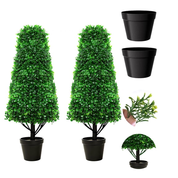33.1 Inch Artificial Boxwood Cone Tree Set of 2, No Watering No Pruning, Fade-resistant PE Material, Anti-rust Steel Frame Pot, for Front Porch or Shop