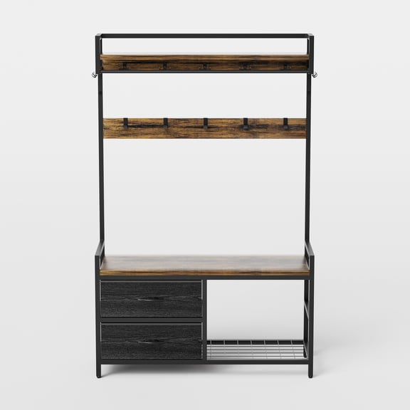 33.1" Wide Hall Tree with 2 Movable Drawers, Shoe Storage, Shelves and Garment Racks, 5-in-1 Entryway Bench with 23 Hooks (Fixed and Movable)