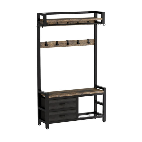 33.1" Wide Hall Tree with 2 Movable Drawers, Shoe Storage, Shelves and Garment Racks, 5-in-1 Entryway Bench with 23 Hooks (Fixed and Movable)