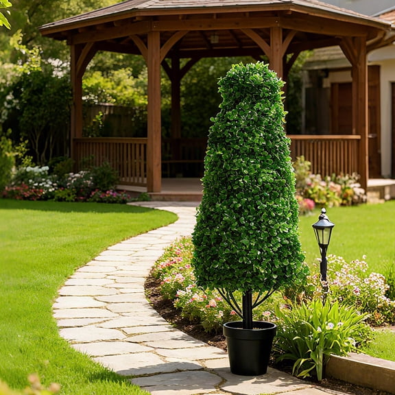 33.1 inch Artificial Boxwood Faux Plants Outdoor, 2 Pieces UV Resistant Bushes & Fake Evergreen Shrubs, Faux Decorative Plants for Patio Planter Decor