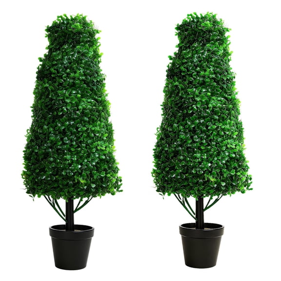33.1 inch Artificial Boxwood Topiary Trees with Modern Black Planter, 2 Pieces Faux Decorative Plants, Realistic Fake Cone Bushes and Shrubs for Front Porch for Patio