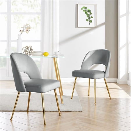 33.1 x 21.3 x 23.6 in. Wilbern Velvet Upholstered Dining Side Chair with Gold Plated Solid Metal Legs, Gray - Set of 2
