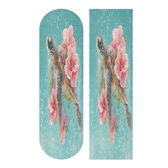 33.1"x9.1" PVC Anti-Slip Pad Skateboard Anti-Slip Pad with High-Density Sand Grain Surface Turtle with Pink Hibiscus Flowers