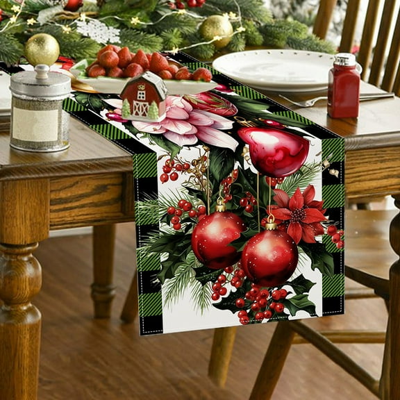 33*183cm Christmas Red Bell Linen Table Runner Style 5 - White Hemp Tablecloth, Festive Coffee Table Decor