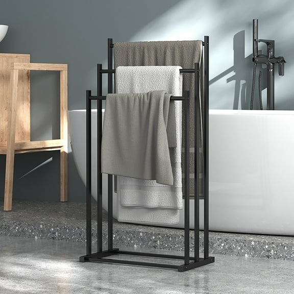 33.1x17.32x9.84in Floor Standing Towel Rack with Three Tiered Vertical Design, Metal Bathroom Storage Shelf for Towel Organization