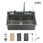 33″×22″ Stainless Steel Single Bowl Kitchen Sink, Black Waterfall Workstation with Flying-Rain Faucet, Sprayhead, Cup Washer, 1 Pack, SS-BL06-332212