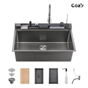 33 22  Stainless Steel Single Bowl Kitchen Sink, Black Waterfall Workstation with Flying-Rain Faucet, Sprayhead, Cup Washer, 1 pack, SS-BL06-332212