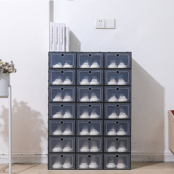33*23*14cm 24 Slots Shoe Storage Box Assembly Black Stackable Shoe Boxes for Sneakers Flats Slippers Sandals
